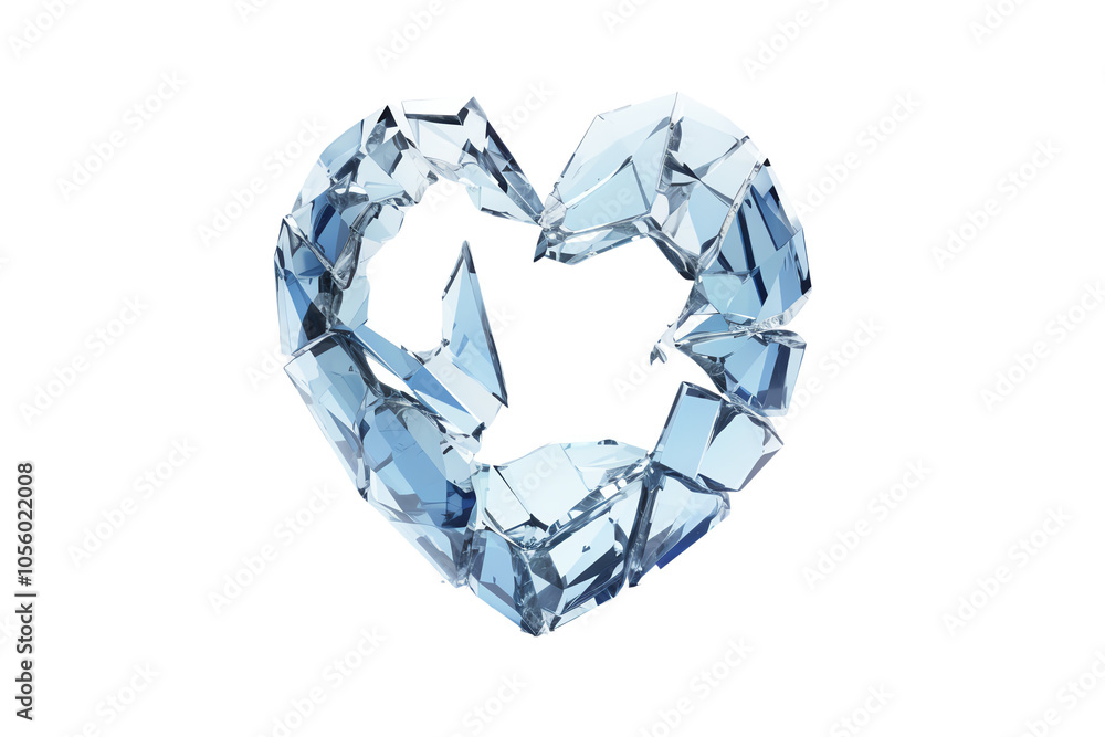 A broken heart shape made of shattered glass pieces, symbolizing love and vulnerability.