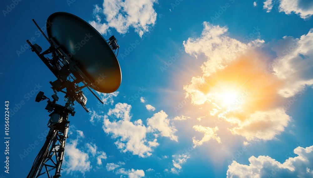 A tall communication tower with a satellite dish stands under a bright blue sky filled with fluffy clouds and a shining sun. A tall communication tower with a satellite dish stands under a bright blue sky filled with fluffy clouds and a shining sun.