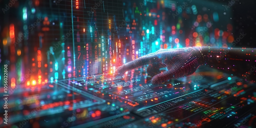 Digital hand interacting with a futuristic holographic interface, displaying vibrant data charts and binary code in a high-tech environment Digital hand interacting with a futuristic holographic interface, displaying vibrant data charts and binary code in a high-tech environment