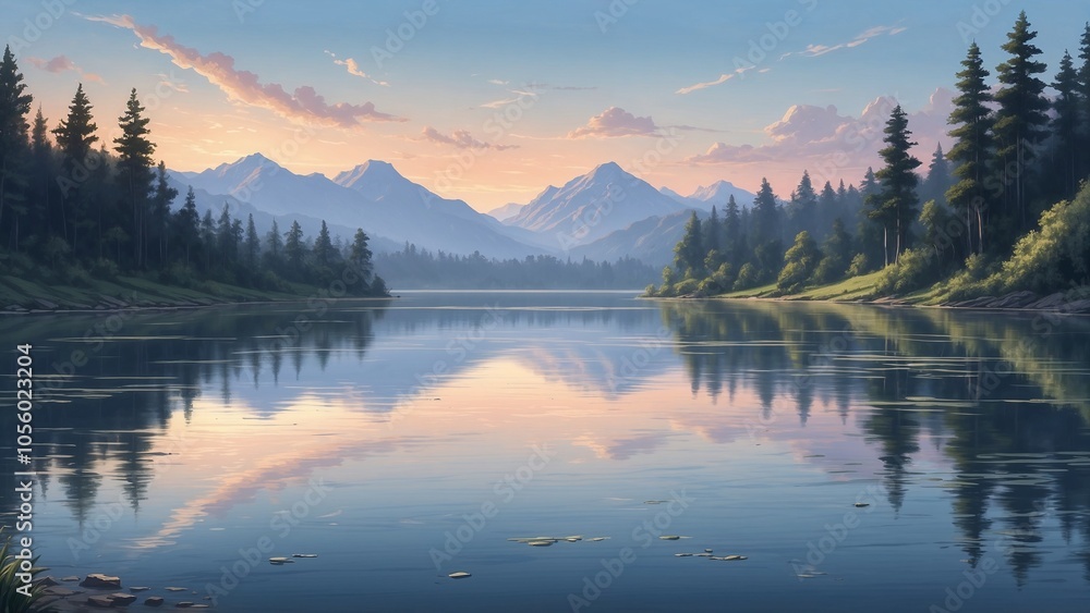 Serene mountain lake landscape at sunset with reflections Serene mountain lake landscape at sunset with reflections