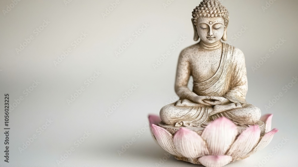 A white Buddha statue sits in meditation on a pink lotus flower against a white background. A white Buddha statue sits in meditation on a pink lotus flower against a white background.
