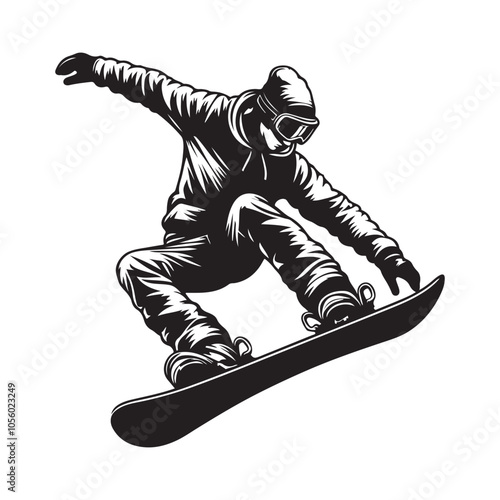  Snowboarder mid-trick vector black color white background 