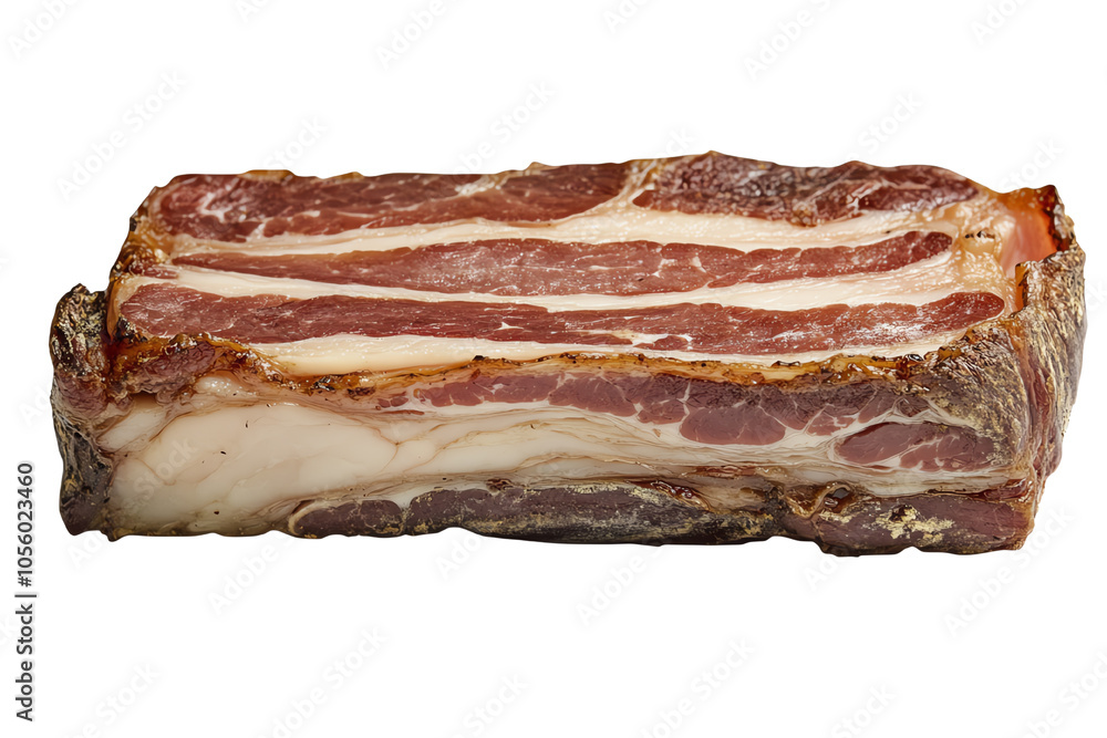 A fresh, unwrapped slab of bacon showcasing its rich marbling and savory layers. A fresh, unwrapped slab of bacon showcasing its rich marbling and savory layers.