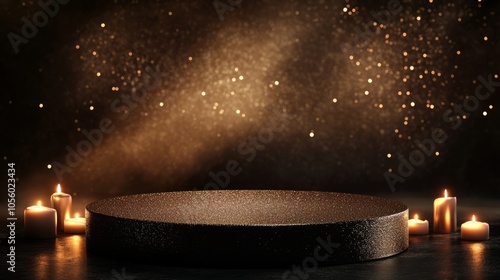 empty balck podium against black background with lights and candles for christmas photo