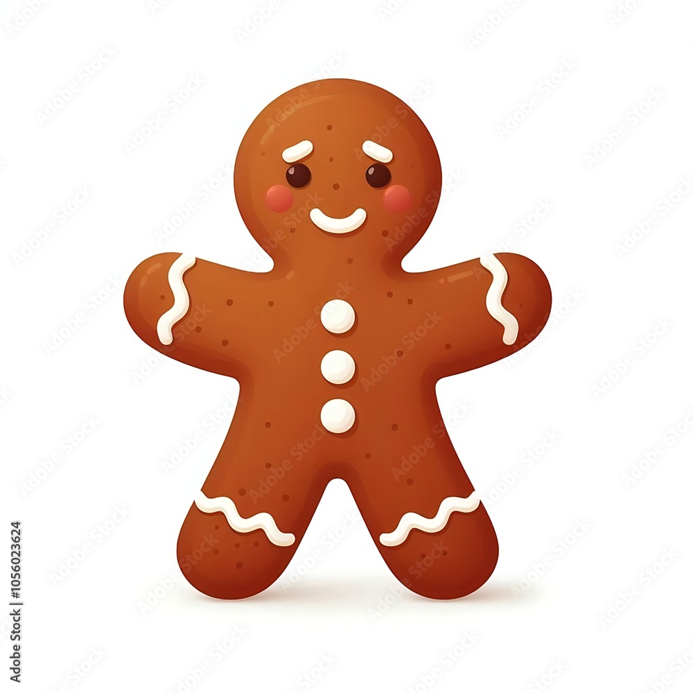 Obraz premium Flat, isolated illustration of a gingerbread man cookie decorated with white icing details on white background. Simple, cheerful design capturing the festive holiday spirit.