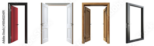 Set of open entrance doors with handles for home interior decoration isolated on transparent png background.