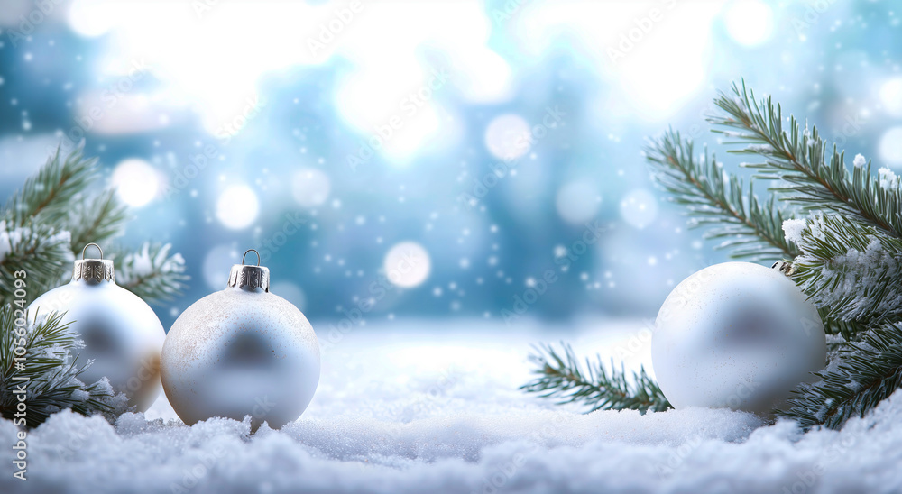 Festive White Christmas Ornaments in Snowy Background Festive White Christmas Ornaments in Snowy Background