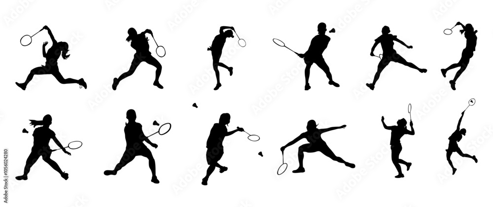 Badminton girls player vector silhouette set. Badminton players. Badminton girls player vector silhouette set. Badminton players.