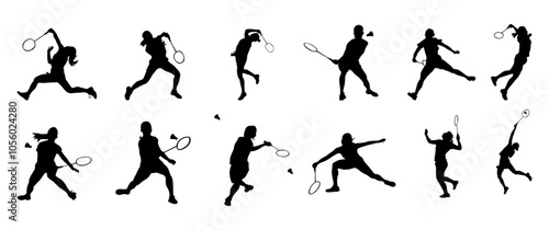 Badminton girls player vector silhouette set. Badminton players.