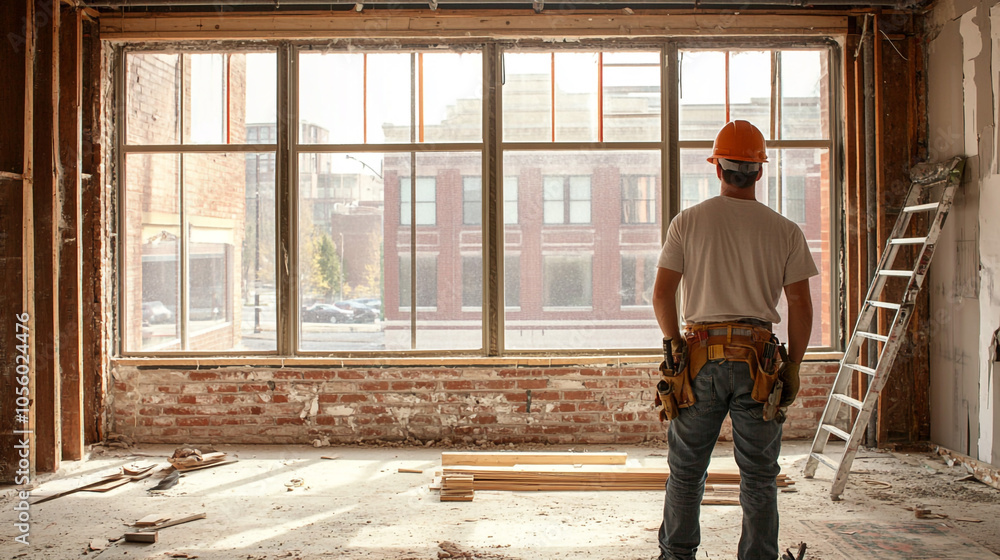 Fototapeta premium Construction Worker Looking Out Window in Unfinished Room
