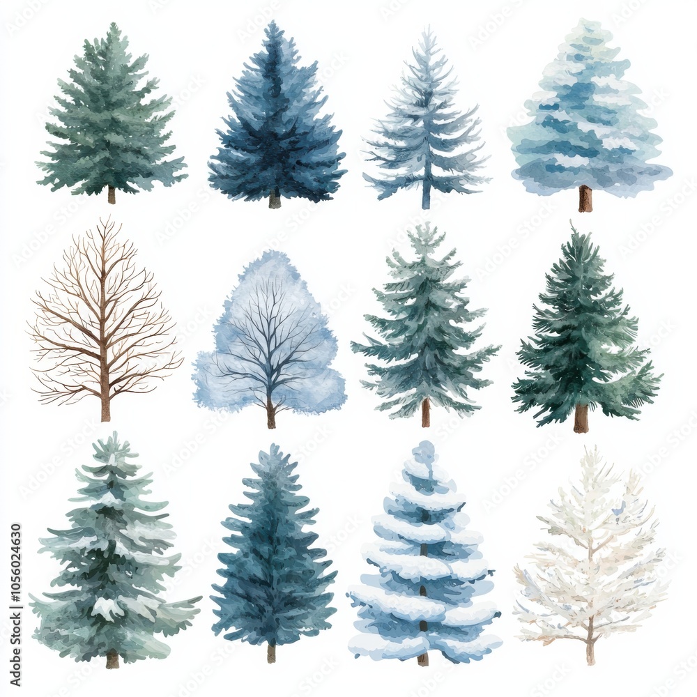 Fototapeta premium Various types of trees in watercolor style, each on white isolated background.
