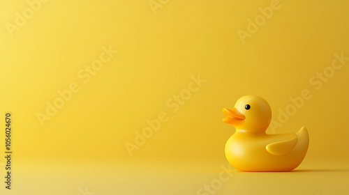 Rubber duck toy against a solid yellow background. Minimalist design with bright colors and space for text. photo