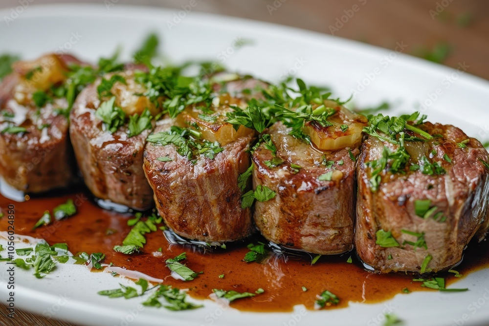 Rolled beef with herbs and sauce on rustic wooden table Rolled beef with herbs and sauce on rustic wooden table