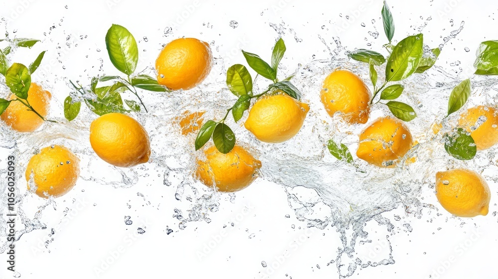 Fresh lemons with green leaves splashing in water on a white background. Fresh lemons with green leaves splashing in water on a white background.