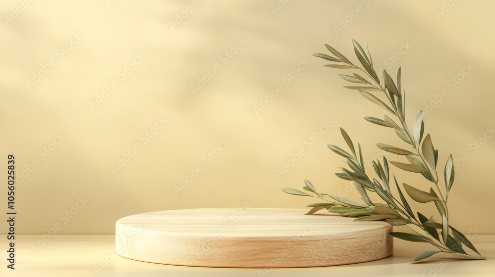 3d empty podium with olive branches against yellow background 3d empty podium with olive branches against yellow background