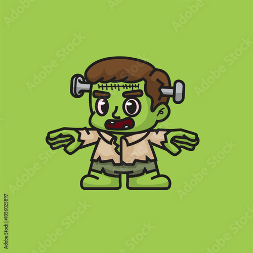 Cute Frankenstein  Vector Icon Illustration Animal Nature Flat Cartoon Style