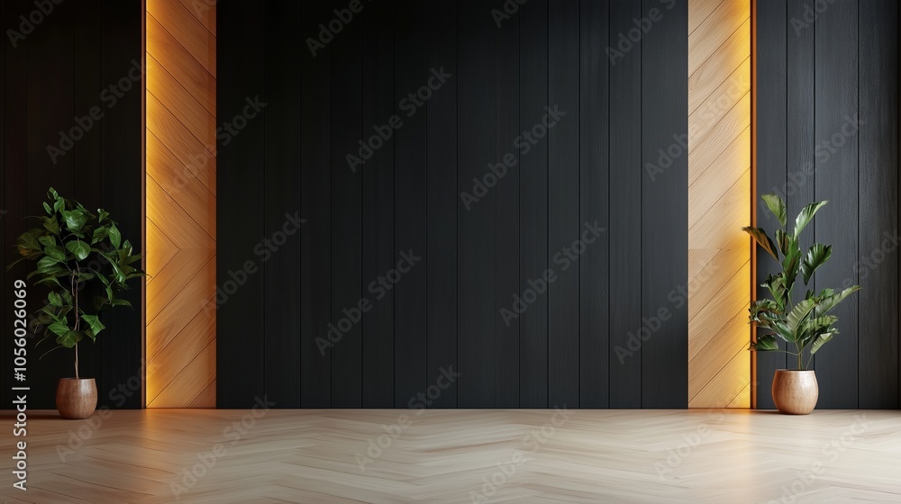 Modern interior design featuring dark walls and stylish plants in a spacious room with warm lighting accents Modern interior design featuring dark walls and stylish plants in a spacious room with warm lighting accents