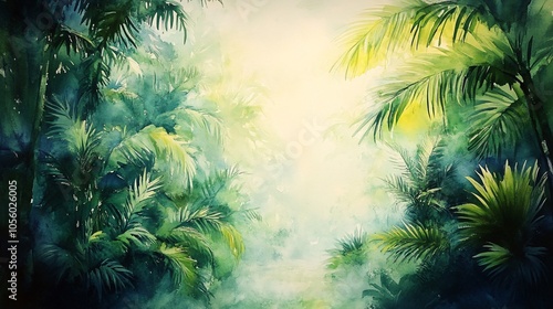 A vibrant, misty jungle scene with lush green foliage, creating an enchanting atmosphere that evokes the beauty of nature.