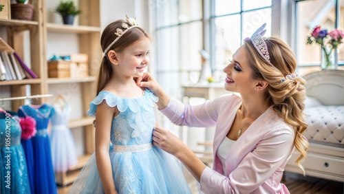 Preparing for the holiday: mom tries on a princess costume for her daughter