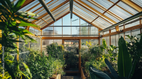 A sunlit greenhouse filled with vibrant plants showcasing lush greenery in an urban setting during daytime