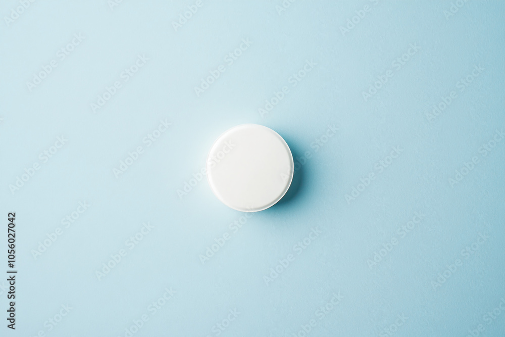 White round tablet on light blue background. Minimalist medical concept with single pill. White round tablet on light blue background. Minimalist medical concept with single pill.