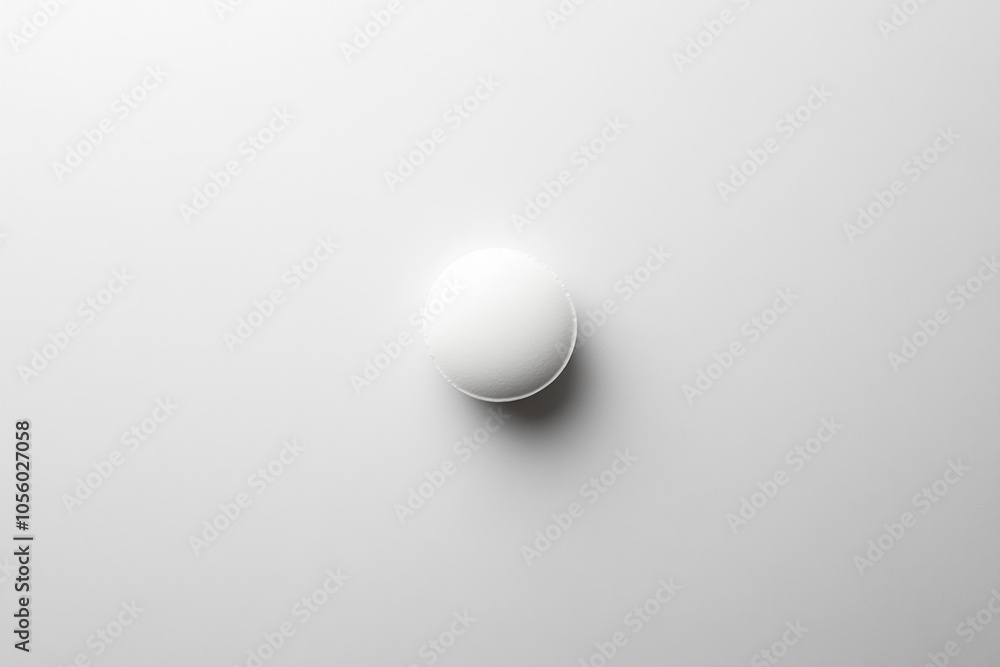 Single white round pill on a clean white surface. Top view medical composition with copy space. Single white round pill on a clean white surface. Top view medical composition with copy space.