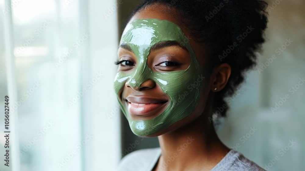 Young black woman applying green facial mask at home during a skincare routine in natural light Young black woman applying green facial mask at home during a skincare routine in natural light