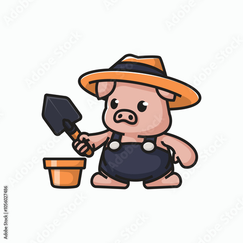 Cute  Pig farm with Pot flowers  Vector Icon Illustration Animal Nature Flat Cartoon Style