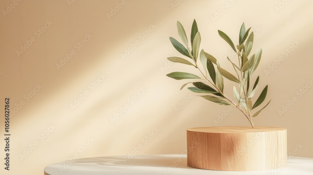 3d wooden podium with olive branch for organic product 3d wooden podium with olive branch for organic product