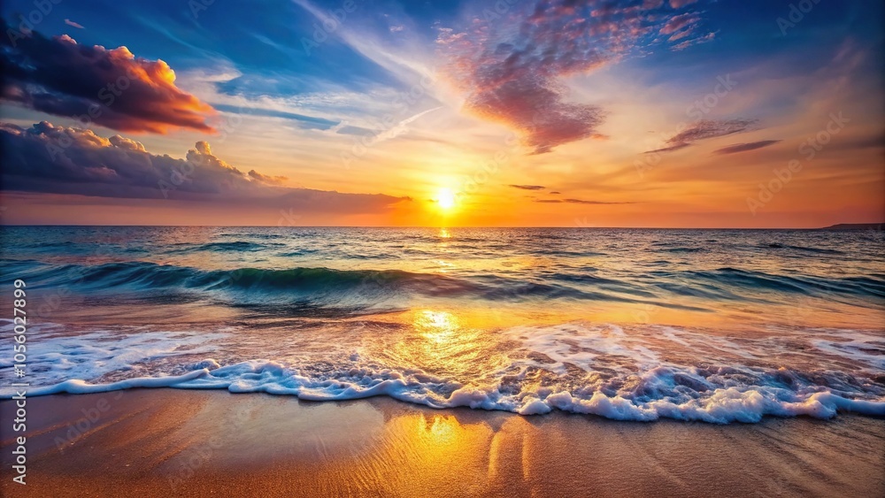 Softly glowing sunset hues with gentle waves in the background, water colors, serene wallpaper, ocean wave Softly glowing sunset hues with gentle waves in the background, water colors, serene wallpaper, ocean wave