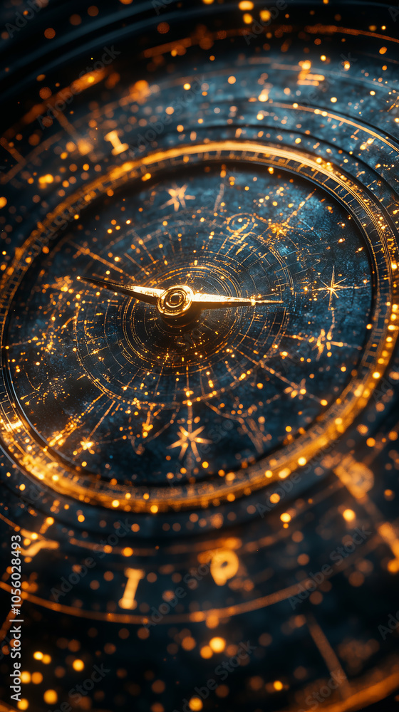 A close-up of a detailed, circular design with a golden hand pointer.. A close-up of a detailed, circular design with a golden hand pointer..