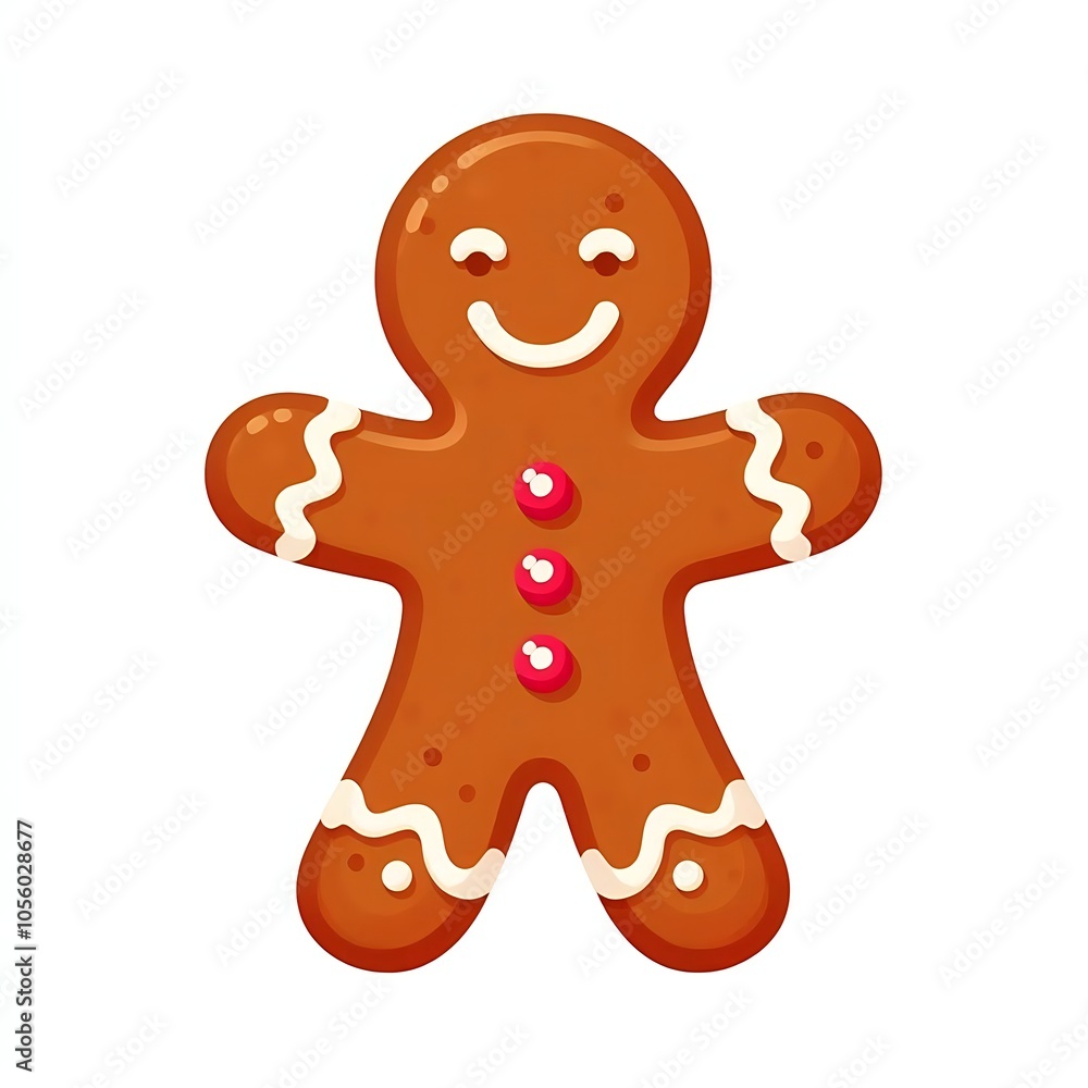Obraz premium Flat, isolated illustration of a gingerbread man cookie decorated with white icing details on white background. Simple, cheerful design capturing the festive holiday spirit.