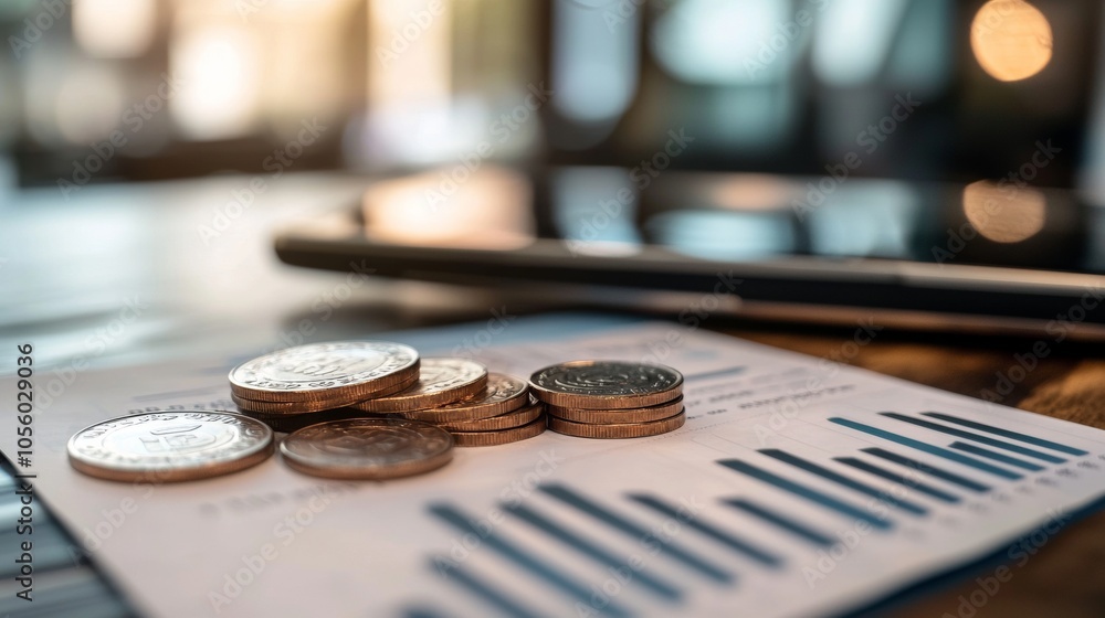 Stacked coins on financial report with blurred background Stacked coins on financial report with blurred background