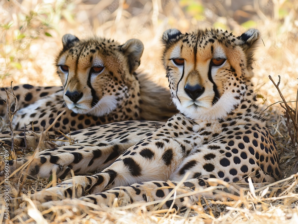 Two cheetahs resting in tall grass, one with a relaxed expression. Two cheetahs resting in tall grass, one with a relaxed expression.