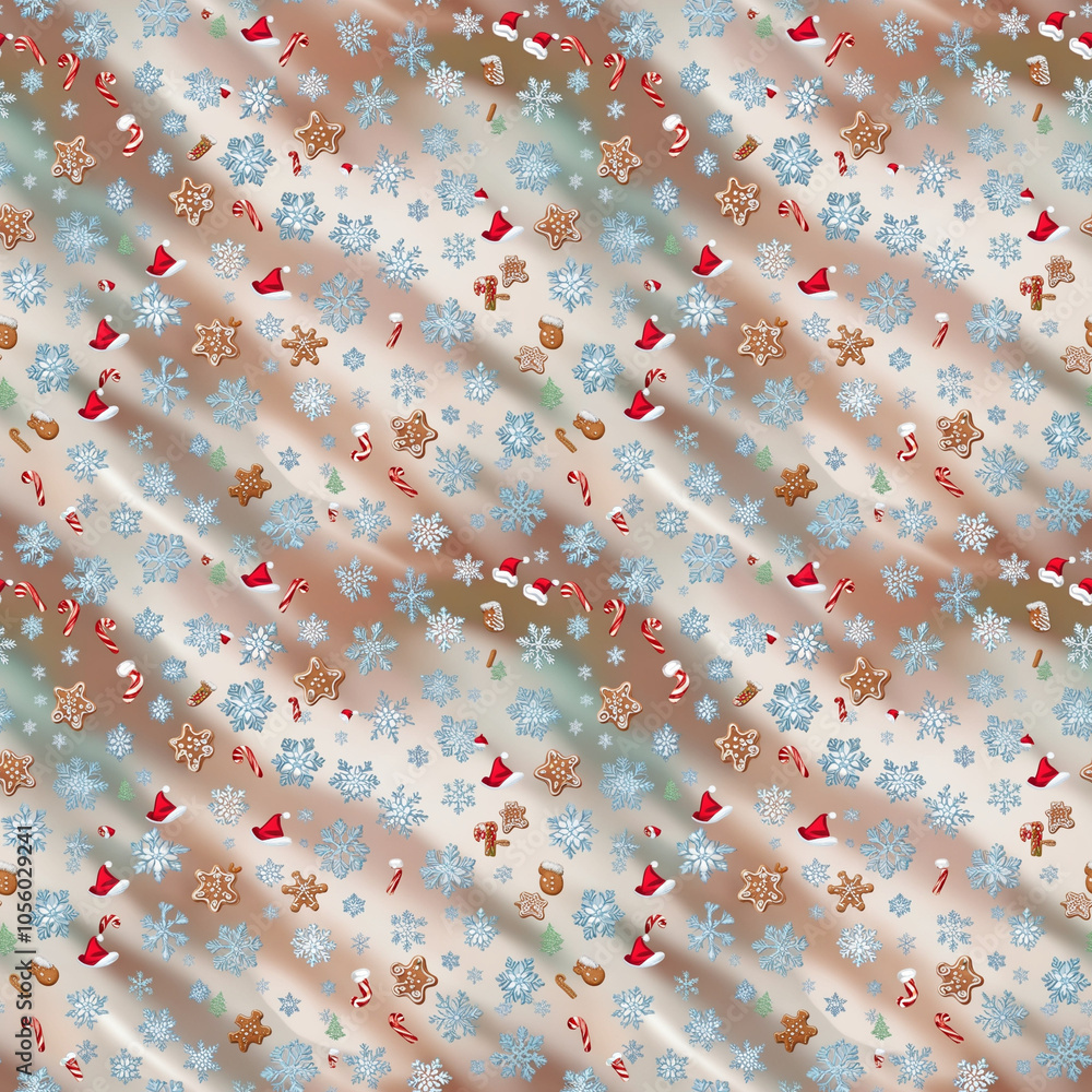 Delicate swirling snowflakes in pale blue and creamy white dance across a nostalgic Christmas pattern with intricately detailed gingerbread cookies, icing, candy canes, and tiny Santa hats in fire eng Delicate swirling snowflakes in pale blue and creamy white dance across a nostalgic Christmas pattern with intricately detailed gingerbread cookies, icing, candy canes, and tiny Santa hats in fire eng
