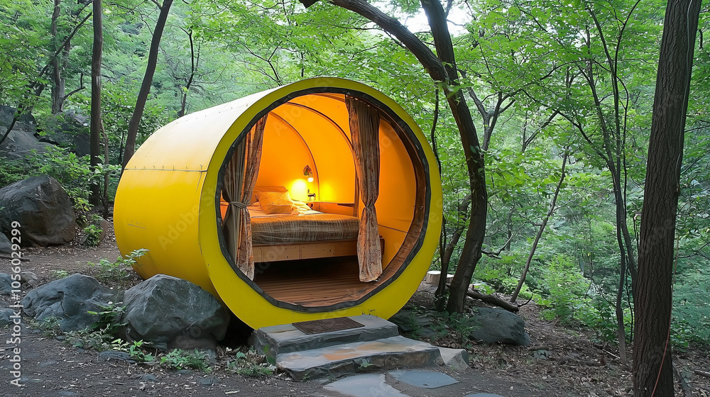 Yellow circular cabin with a bed inside, nestled in a lush forest.. Yellow circular cabin with a bed inside, nestled in a lush forest..