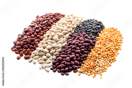 Colorful assortment of different legumes on a white background, showcasing their variety and textures. photo