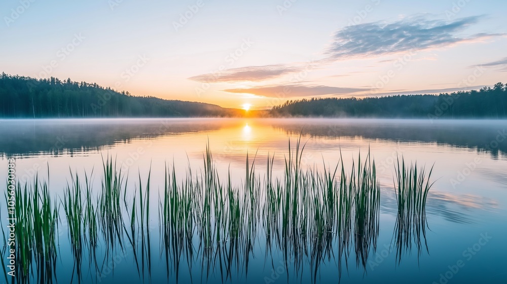 Sunrise over a tranquil lake with fog and reeds reflecting in the water. Sunrise over a tranquil lake with fog and reeds reflecting in the water.