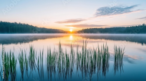 Sunrise over a tranquil lake with fog and reeds reflecting in the water.