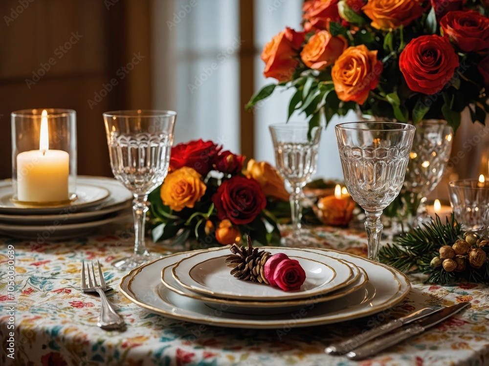 A vibrant close-up of a holiday table setting with festive decorations, colorful plates, sparkling silverware, and a warm, welcoming ambiance A vibrant close-up of a holiday table setting with festive decorations, colorful plates, sparkling silverware, and a warm, welcoming ambiance