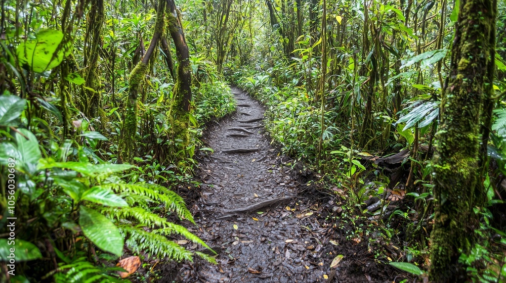 A winding path through a dense, lush rainforest. A winding path through a dense, lush rainforest.