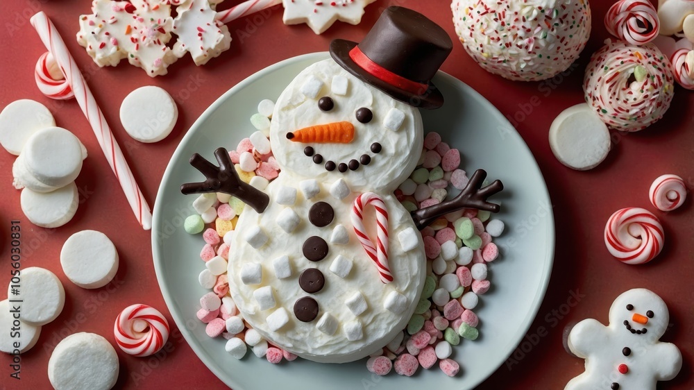 Naklejka premium A delightful Christmas snowman crafted from sweets, featuring colorful candies and a whimsical design, perfect for festive celebrations