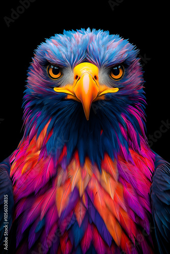 A Bald eagle with colorful, vibrant colors against a black background made in a digital art style, Oil painting effects, Poster design and picture design, Wall painting design