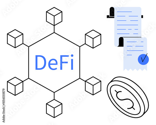 Hexagonal network with DeFi text, a document with a checkmark, and a dollar coin symbol. Ideal for blockchain technology, financial decentralization, smart contracts, digital currency, and fintech