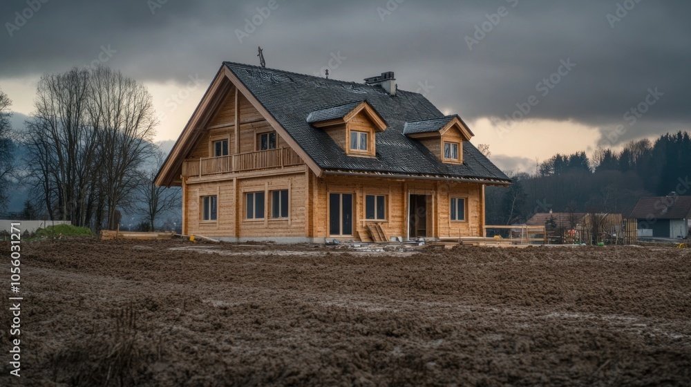 A wooden house under a cloudy sky, surrounded by a bare field. A wooden house under a cloudy sky, surrounded by a bare field.