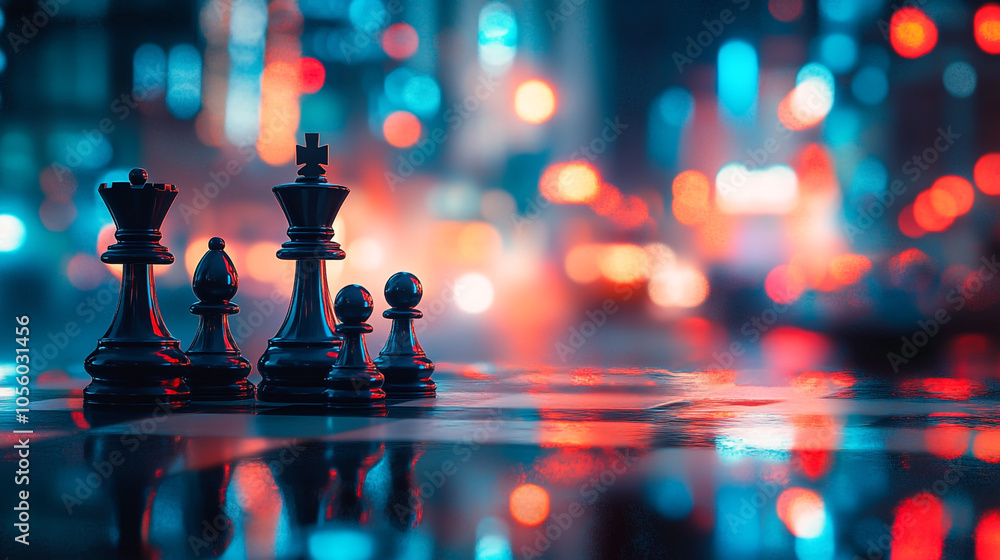 Chess Pieces on Board with City Lights Background   Strategy  Leadership  Success Concept
