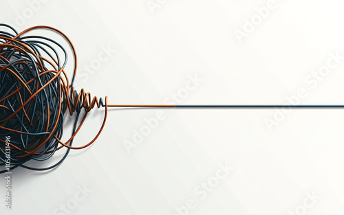 raffled wire a tangled rope or cord slowly untangles colorful string in plain white background copy space for text confusing resolving clearance of mind
