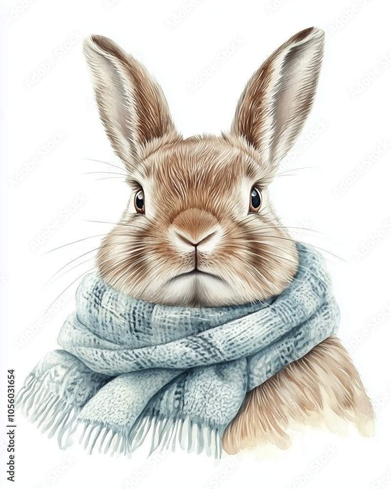 Obraz premium Watercolor portrait of a rabbit wearing a festive scarf. The isolated composition and charming details make this illustration perfect for winter holiday themes.