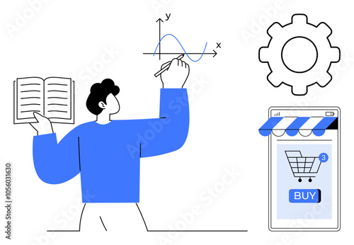 Man holding an open book and writing mathematical graph on a board with gear and online shopping interface nearby. Ideal for education, e-learning, mathematics, e-commerce, technology. Simple vector