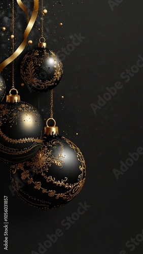 Black vertical background with gold Christmas balls and copy space. New Year, winter holidays. 